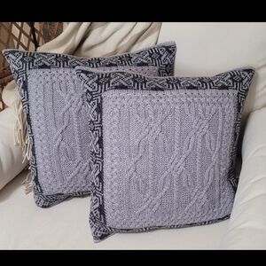 Gray and Black Knitted Throw Pillow Set ARAN MOR Ireland 100% MERINO WOOL Soft